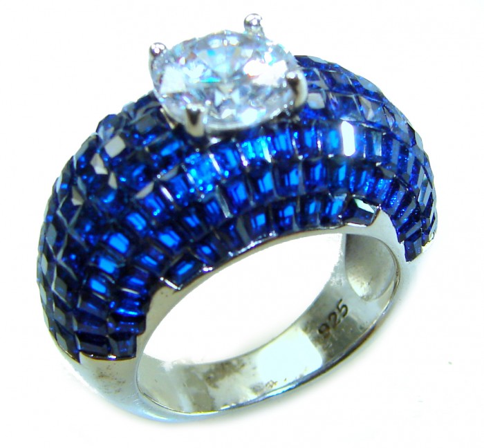 Precious Design oval cut 15.9 CARAT Sapphire White Topaz .925 Sterling Silver Statement Ring s. 6 - Side view of sapphire and topaz silver ring