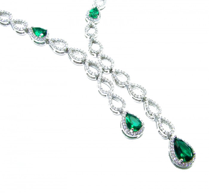 Green Royalty 14.2 carat Emerald .925 Sterling Silver .925 Sterling Silver Statement Necklace - Close-up of green emerald necklace in sterling silver.