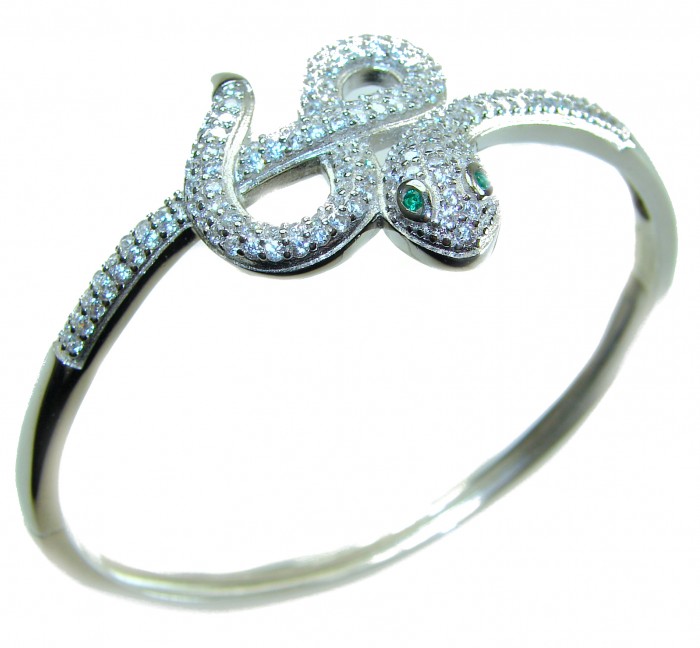 Precious Boa Snake Genuine 8.9 carat Emerald White Topaz .925 Sterling Silver handcrafted Bracelet - Snake bracelet with emerald eyes and topaz stones, top view.