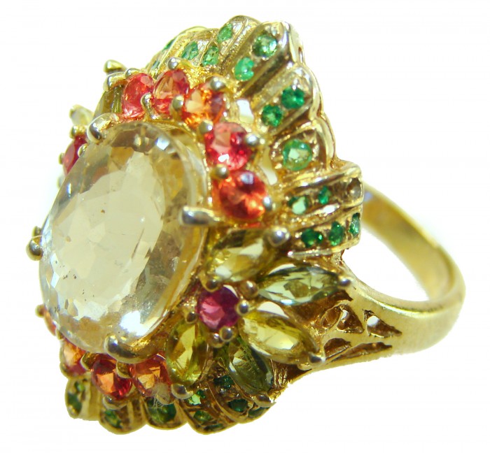 Vivien - Natural 9.8 carat Citrine .925 Sterling Silver dipped in 18K Gold handmade Statement Ring size 7 1/4 - Side view of Vivien ring with citrine and multicolored gemstones.