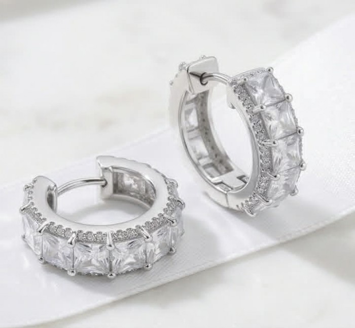 Stella Natural 6.2 carat White Topaz .925 Sterling Silver handcrafted earrings - Close-up of Stella hoop earrings in white topaz and sterling silver.