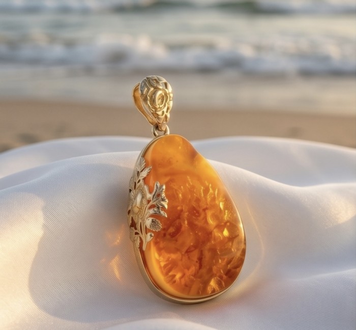 Prehistoric Authentic Baltic Amber 14K Gold over .925 Sterling Silver beautifully handcrafted Pendant - Amber pendant with gold details on fabric, beach background.