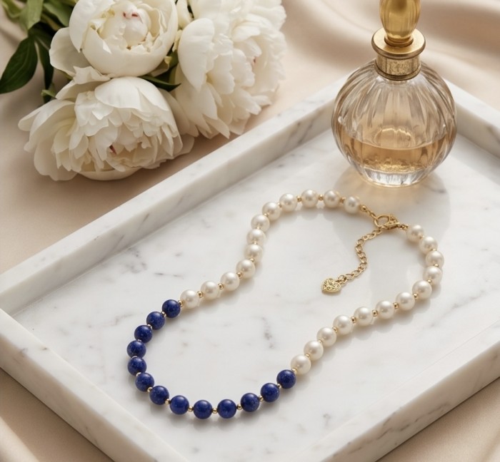 Boho Style Lapis Lazuli Pearl 10K Gold over .925 Sterling Silver handmade necklace - Lapis Lazuli and Pearl Necklace on marble tray, top view.