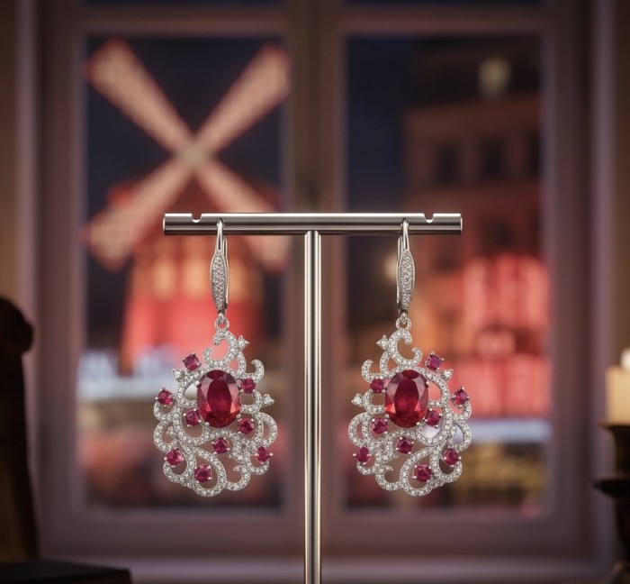 Tiffany - authentic 14.5 carat Mozambique Ruby .925 Sterling Silver dipped in White Gold handcrafted Statement Earrings - Front view of ornate earrings with Mozambique rubies and sterling silver.