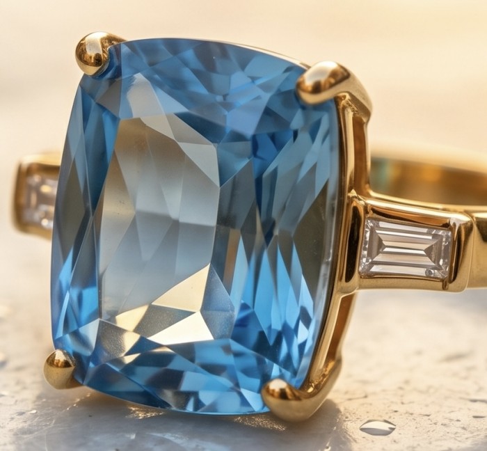 Angelina 9.4 carat authentic Swiss Blue Topaz .925 Sterling Silver dipped in 18k Gold Handcrafted Ring size 6 - Close-up of Angelina 9.4 carat Swiss Blue Topaz ring with gold setting