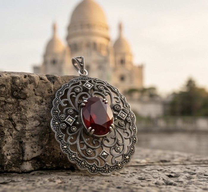Retro Style - Precious - Genuine 14.5 carat Ruby .925 Sterling Silver handmade Pendant - Close-up of ornate pendant with 14.5 carat ruby in front of blurred building.