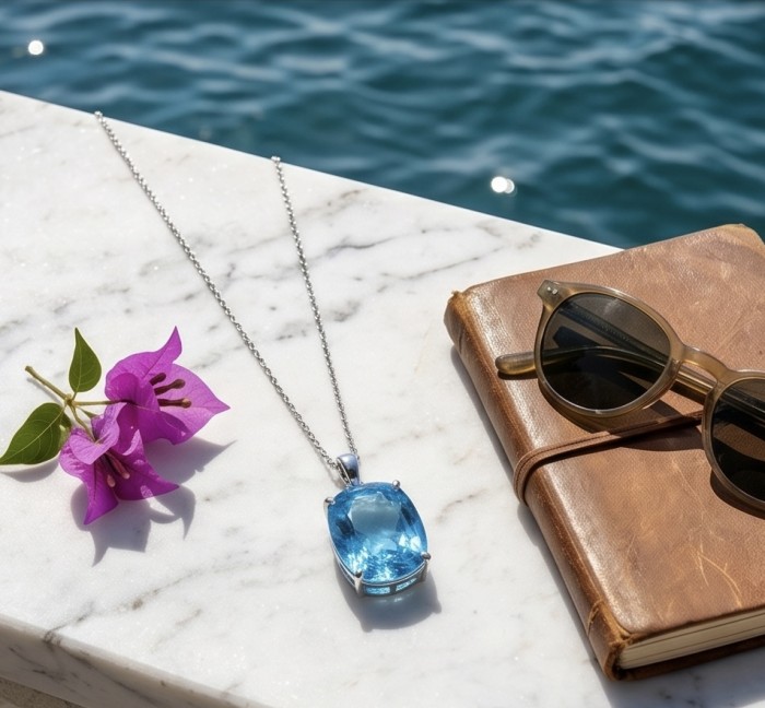 Vintage style 24.8 carat Swiss Blue Topaz .925 Sterling Silver DIPPED IN RHODIUM handmade Pendant - Flat lay of Swiss Blue Topaz necklace with sunglasses and notebook.