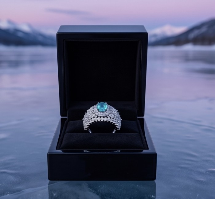 Wonderland 1.5 carat Brazilian Paraiba Tourmaline .925 Sterling Silver Handcrafted Ring size 8 1/4 - Boxed Paraiba tourmaline ring, front view on icy background