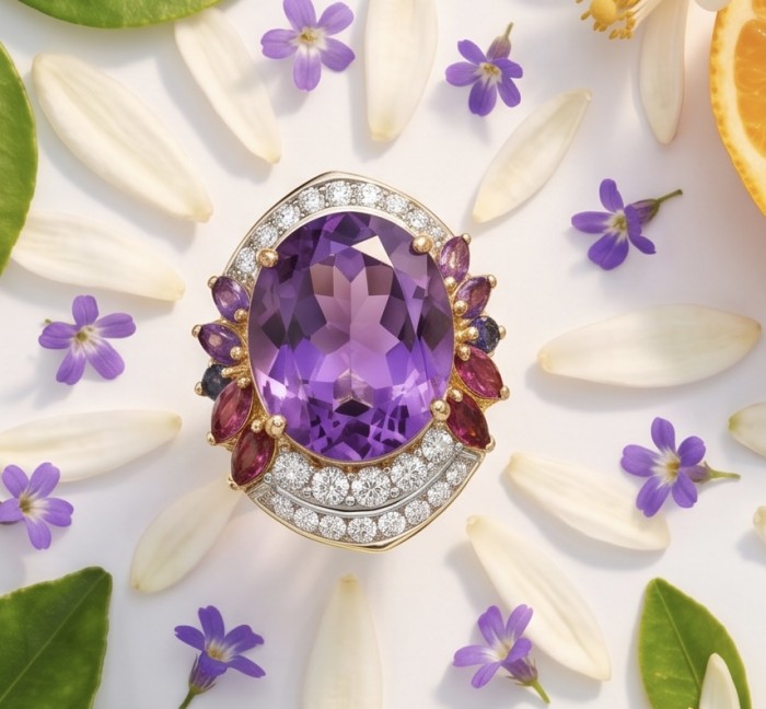 Purple Cascade 21.5 carat natural Amethyst 22K Gold over .925 Sterling Silver Handcrafted Ring size 7 - Amethyst ring, top view, surrounded by petals and small purple flowers.