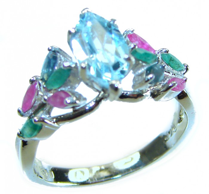 Blue Angel marquise cut 4.8 carat Swiss Blue Topaz .925 Sterling Silver handcrafted ring size 8 - Side view of Blue Angel ring with Swiss Blue Topaz and colored stones