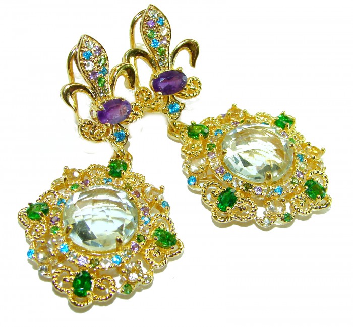 Celtic Spirit authentic fancy cut 22.5 carat Green Amethyst 18K Gold over .925 Sterling Silver handcrafted Statement earrings - Elegant gold earrings with green amethyst and gemstone details, close-up view.