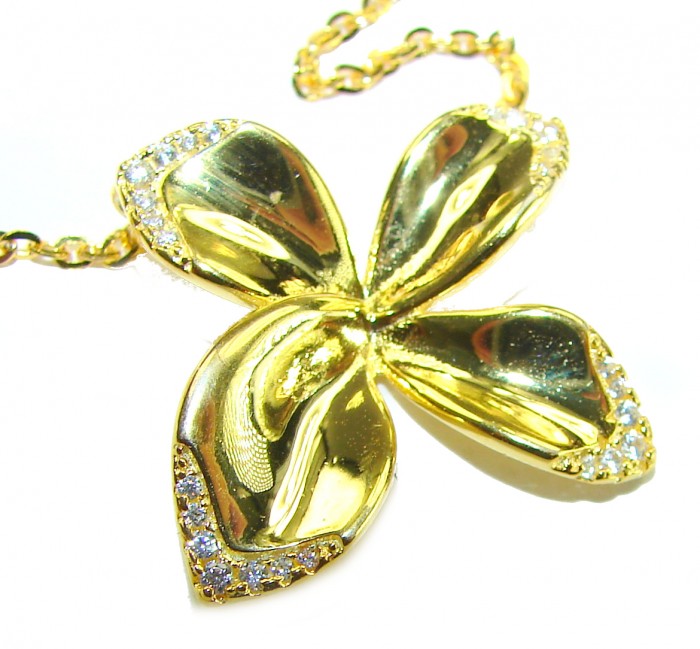 Lotus flower White Topaz highly polished 18K Gold over .925 Sterling Silver Italy made necklace - Close-up of 18K gold lotus flower pendant with white topaz detailing.