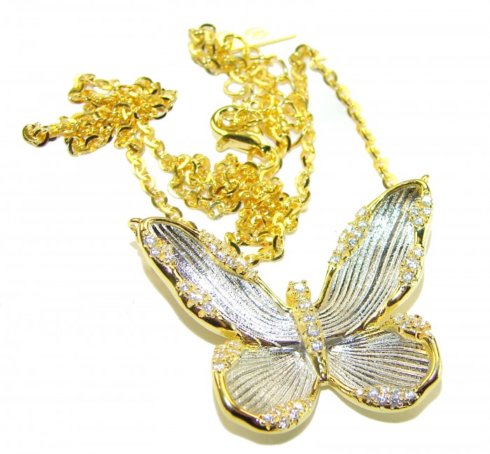 Golden Butterfly White Topaz highly polished 18K Gold over .925 Sterling Silver Italy made necklace - Butterfly pendant with white topaz and 18K gold chain, top view.