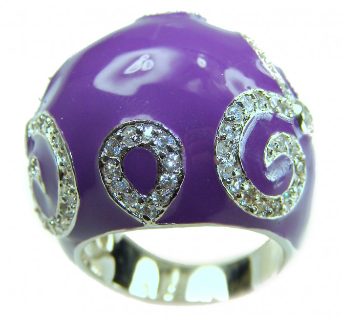 Divine Creation White Jade Enamel .925 Sterling Silver handcrafted Ring s. 8 - Close-up of purple enamel and silver ring with swirl design