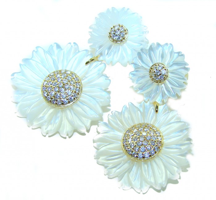 BLOOMING FLOWERS Genuine Blister Pearl 0.2 CARAT lab grown Diamond 18K Gold over .925 Sterling Silver handcrafted Statement Earrings - Close-up of blooming flower jewelry with pearls and lab-grown stones