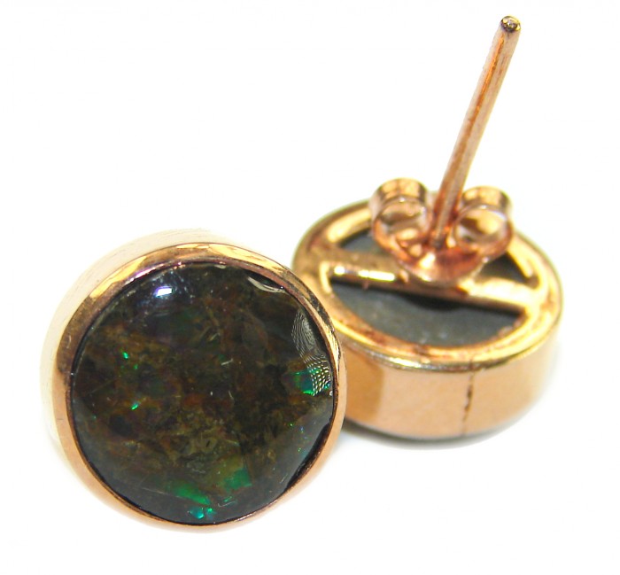 Sublime Aura Canadian Fire Ammolite 14K Gold over .925 Sterling Silver handmade earrings - Close-up of Canadian Fire Ammolite gold stud earrings, front and back