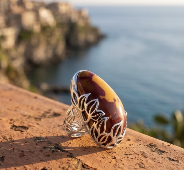 Caterina 25.8 carat Mookaite .925 Sterling Silver brilliantly handcrafted ring s. 7 adjustable - Side view of Caterina 25.8 carat Mookaite ring in sterling silver.