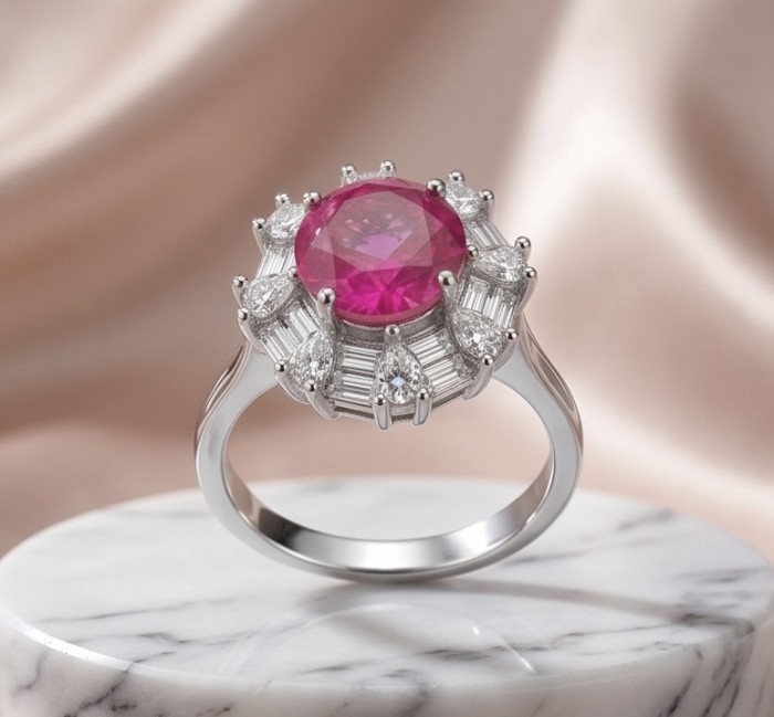 Art Deco - Emily 4.8 carat Brazilian Pink Topaz .925 Sterling Silver Handcrafted Statement Ring size 8 - Pink topaz ring with diamonds, top view on marble slab.
