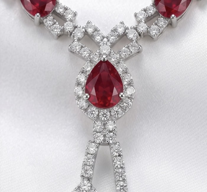Royalty 12.2 carat Ruby .925 Sterling Silver .925 Sterling Silver Statement Necklace - Close-up of a Royalty 12.2 carat ruby necklace in sterling silver.