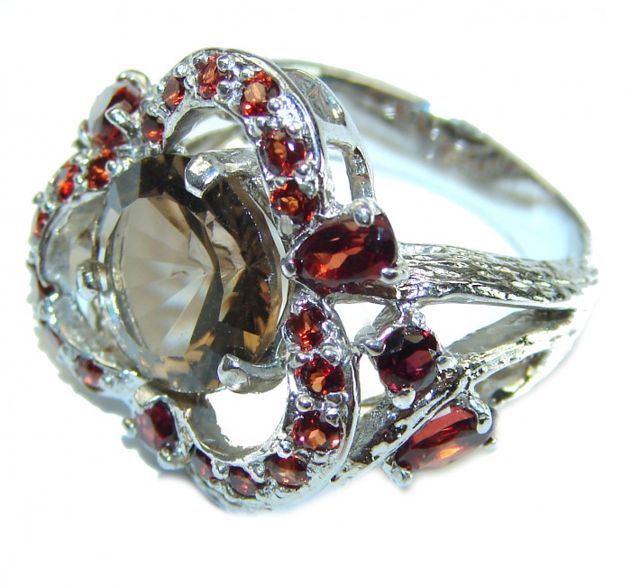 Solid authentic Smoky Topaz Garnet .925 Sterling Silver Large handcrafted Ring size 8 1/4 - photo 2