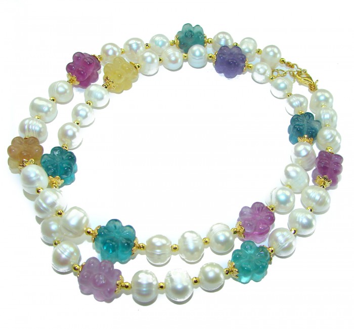 Genuine carved Fluorite Mother of Pearl 14K Gold over .925 Sterling Silver handcrafted Necklace - photo 3