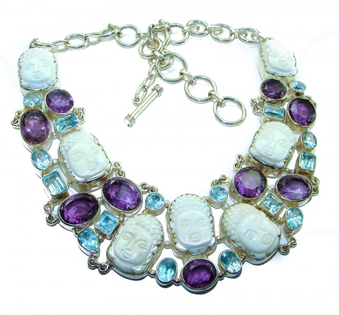 7 Faces New Bali Design Carved Ox Bone F.925 Sterling Silver Large Statement Necklace - photo 3