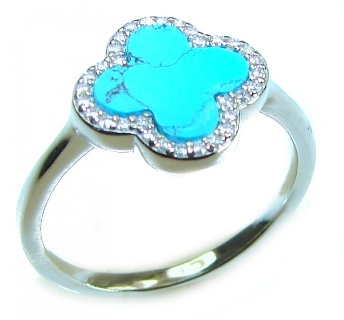 Lucky Four-leaf clover natural inlay Turquoise .925 Sterling Silver handcrafted ring s. 9 - Silver ring with turquoise clover, top view.