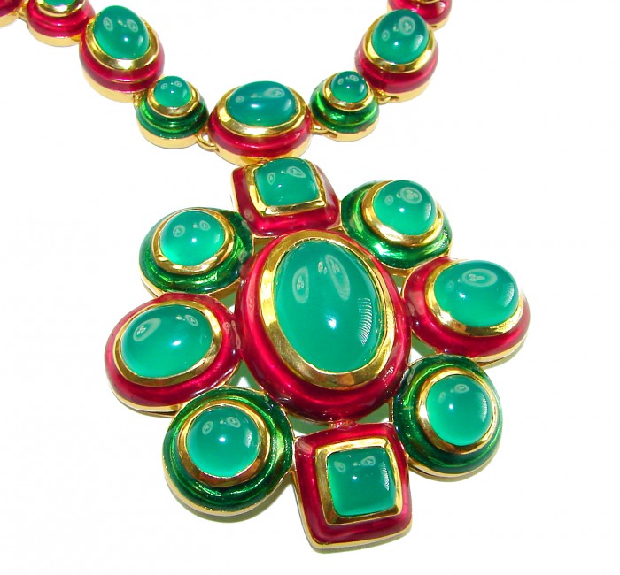 Authentic 155.8 carat Jade red Enamel .925 Sterling Silver dipped in real 18K Gold over handcrafted necklace - Close-up of jade and enamel necklace with .925 sterling silver trim.