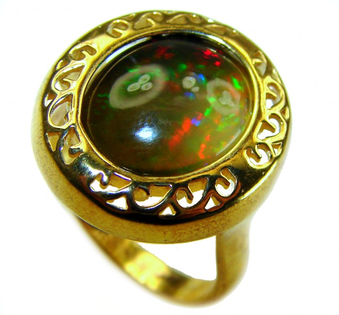 Milky way Genuine 14.2 carat Black Opal 18K Gold over .925 Sterling Silver handmade Ring size 7 3/4 - Close-up of milky way black opal ring set in 18K gold over .925.