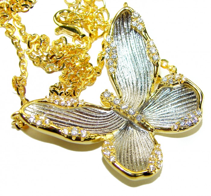 Golden Butterfly White Topaz highly polished 18K Gold over .925 Sterling Silver Italy made necklace - Butterfly pendant close-up with white topaz, 18K gold chain detail.