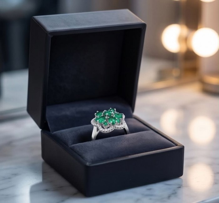 SPRING 6.5 carat Chrome Diopside .925 Sterling Silver handcrafted ring size 6 - Chrome diopside ring in box, top view, on marble surface.