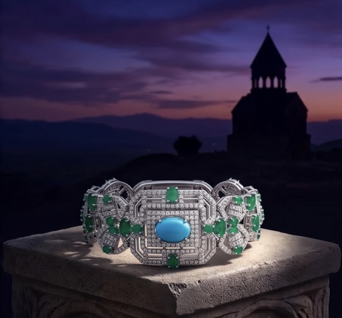 Art Deco - Pacifica - 98.4 carat Turquoise Emerald .925 Sterling Silver handmade Statement Bracelet - Art Deco bracelet with turquoise and emeralds on stone pedestal at dusk.
