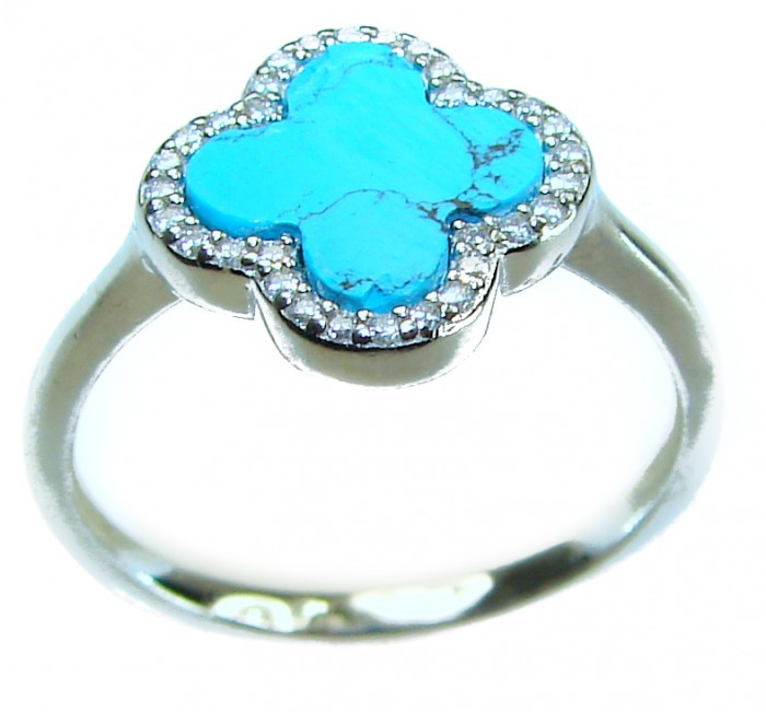 Lucky Four-leaf clover natural inlay Turquoise .925 Sterling Silver handcrafted ring s. 9 - Turquoise clover ring with diamond halo, side view.