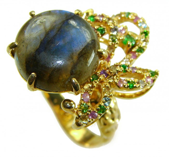 Shimmering Natural Labradorite 18K Gold over .925 Sterling Silver handcrafted Large ring size 8 - Stone close-up of labradorite ring with gold and colorful accents.