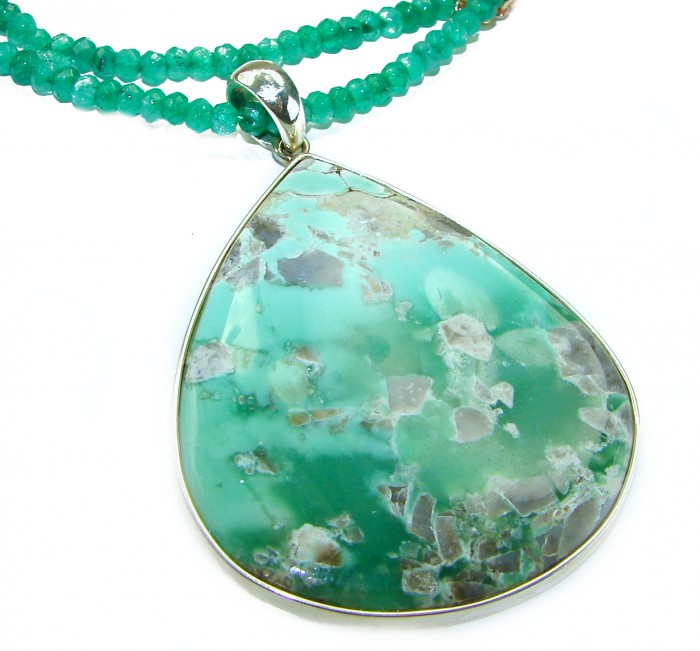 Green Odyssey Natural Huge Chrysoprase .925 Sterling Silver handmade necklace - Close-up of green Chrysoprase pendant with silver setting and beads.