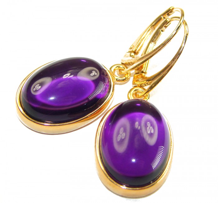 Lavender Beauty authentic 16.2 carat Amethyst 14K Gold over .925 Sterling Silver handcrafted earrings - Purple amethyst earrings in gold setting close-up.