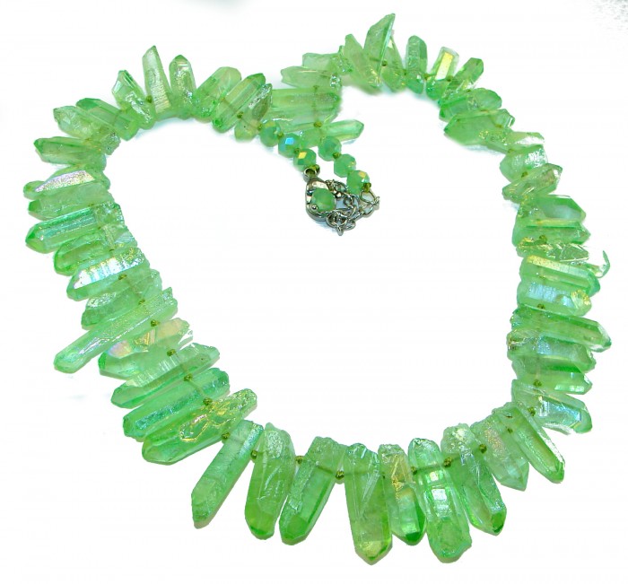 Mint-Green Halite Crystal Cluster .925 Sterling Silver handmade Necklace - Mint-green halite crystal necklace with clasp detail shown.