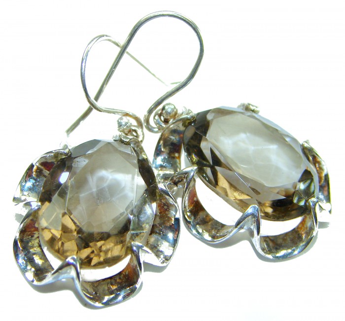 Alessandra 12.5 carat Champagne Smoky Topaz .925 Sterling Silver handmade Earrings - Close-up of Alessandra 12.5 carat Champagne Smoky Topaz earrings.