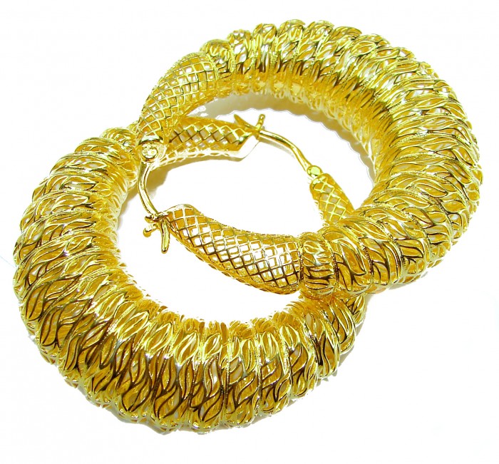 Black Label Collection - Dubai Style - Natural 22K Gold over .925 Sterling Silver handmade LARGE hoop earrings - Gold hoop earrings, textured close-up, 22K gold over, Dubai style.