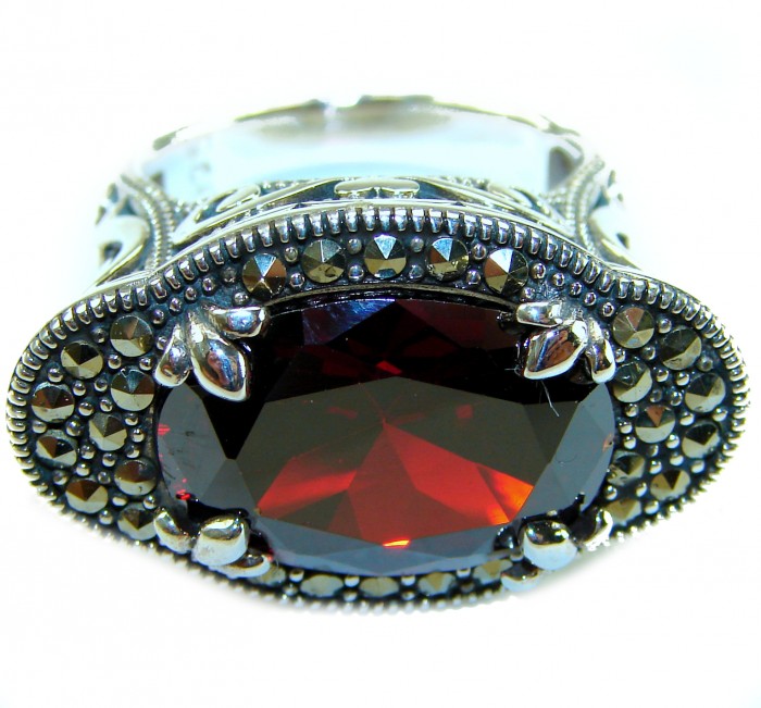 Wonderland Natural 15.7 carat Garnet Marcasite .925 Sterling Silver handmade Large Statement Ring size 8 - Stone close-up of Garnet Marcasite .925 Sterling jewelry piece.