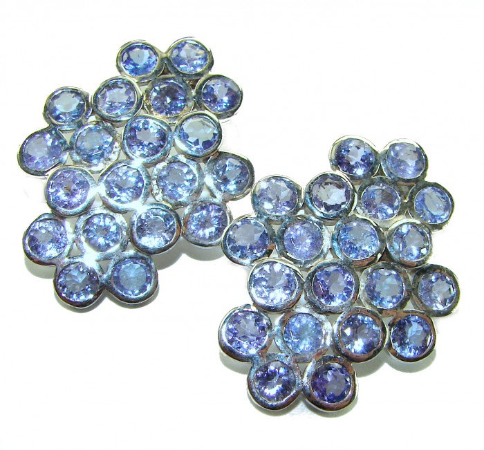 Giovanna - Authentic 17.9 carat Tanzanite .925 Sterling Silver handcrafted earrings - Close-up of Tanzanite earrings in .925 Sterling Silver, floral design
