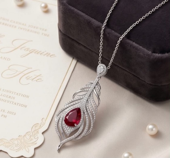 Precious Magic Feather 10.2 carat Ruby .925 Sterling Silver .925 Sterling Silver Statement Necklace - Top view of magic feather ruby pendant on chain.