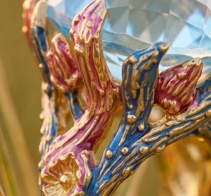 Poseidon 65.3 carat Swiss Blue Topaz ENAMEL .925 Sterling Silver dipped in 18K Gold handcrafted Large ring size 7 - Close-up of detailed enamel design on Poseidon Swiss Blue Topaz setting.