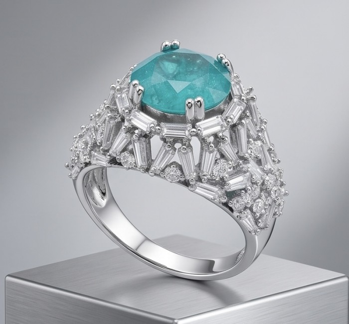 Elizabeth princess cut 8.8 carat Colombian Emerald 5.2 carat Moissanite .925 Sterling Silver dipped in Rhodium handcrafted Ring size 8 1/4 - Side view of Elizabeth ring with princess cut 8.8 carat Colombian emerald