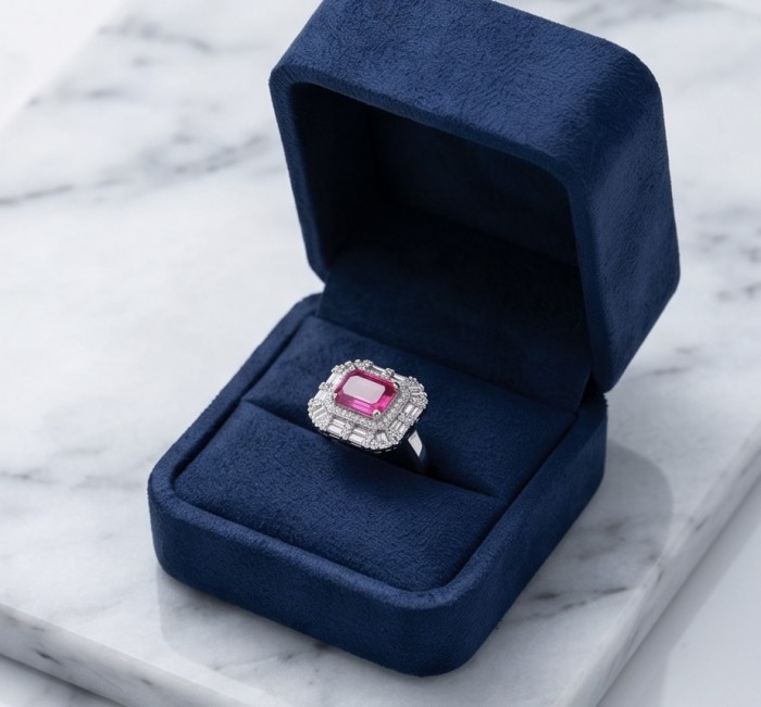 Stella 9.8 carat Brazilian Pink Topaz .925 Sterling Silver Handcrafted Statement Ring size 8 - Top view of pink topaz ring in blue velvet box on marble surface.