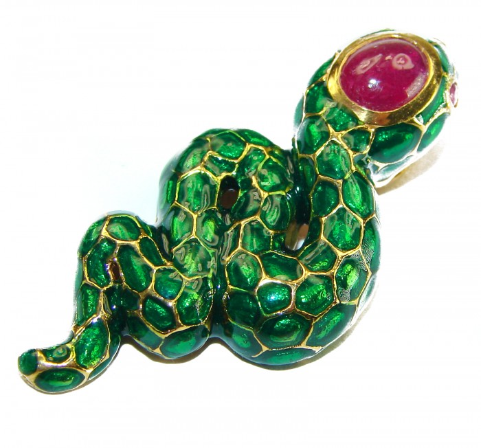 INCREDIBLE Natural Ruby Enamel Snake 14K Gold over .925 Sterling Silver Pendant - photo 1
