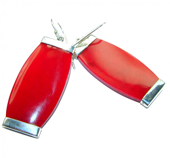 Large Genuine Red Fossilized Coral .925 Sterling Silver handmade earrings - Large red fossilized coral earrings, front view, sterling silver trim