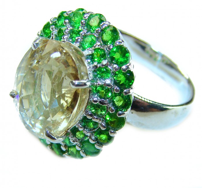15.5 carat Citrine .925 Sterling Silver Handcrafted Huge Ring size 7 - Citrine and green gemstone sterling silver ring, side view close-up.