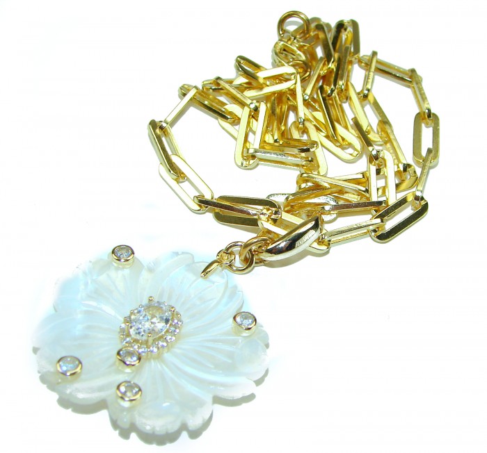 Precious White Flowers Blister Pearl 0.7 carat White Sapphire 14K Gold over .925 Sterling Silver .925 Sterling Silver Necklace - Gold chain with flower pendant and white sapphires, side view.