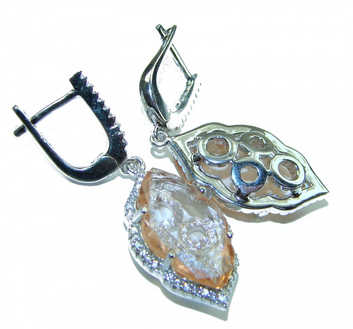 Madagascar Sun 15.8 carat Morganite .925 Sterling Silver handcrafted Statement Earrings - Close-up of Morganite earrings with silver clasp detail.